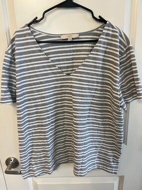 LOFT Gray and White Striped V-Neck Tee